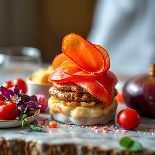 hyper-realistic, culinary artistry, vibrant colors, exquisite detail, food styling, natural lighting, soft focus, still life composition, gastronomic presentation, rich textures, culinary artistry, vibrant colors, exquisite detail, master chefs, modern cuisine, Louis Daguerre influence, sumptuous, celebratory atmosphere, macro lens perspective, culinary textures, palatable harmony, Ed Ruscha influence, gourmet, sensory experience, appetizing, visual feast, harmonious balance, enticing presentation, contemporary elegance