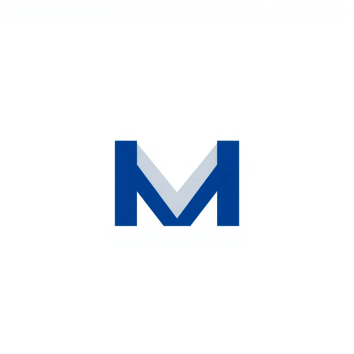bold M logo mark, solid geometric letter, structured layers, subtle thin horizontal connector lines, indigo on white, modern minimal SaaS branding, flat vector, modernist simplicity, Bauhaus influence, clean design, minimalist aesthetics, structured composition, primary color palette, geometric precision, visual balance, negative space utilization, corporate identity, digital branding, contemporary design language, clarity in form