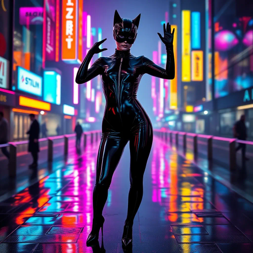 sleek catsuit design, high fashion, futuristic elements, vibrant neon lighting, dynamic pose, bold composition, metallic textures, sci-fi influence, Joan Miró inspiration, night cityscape, cyberpunk aesthetics, mysterious mood, playful elegance, abstract forms, intricate detailing, avant-garde style, fluid movements, bold color contrasts, surreal presentation, depth and layering, unconventional materials, reflections and shadows, elegant silhouette, imaginative realm, Salvador Dali, dreamlike atmosphere, geometric precision, fluid dynamics, visual storytelling, abstract surrealism, enigmatic expressions, ethereal glow, kaleidoscopic patterns, reflective surfaces, overlapping dimensions, contrasting hues, multidimensional perspective, spatial depth, imaginative narrative