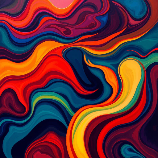 curves, vivid colors, surrealism, Henri Matisse, sensuality, flowing forms, abstract expressionism, warm lighting, bold contrasts, fluid dynamics, emotive energy, organic shapes, vibrant hues, depth, contemporary influences, layers, impressionistic touch, mid-century aesthetics, storytelling, metaphorical representation, movement and tranquility, harmony, immersive experience