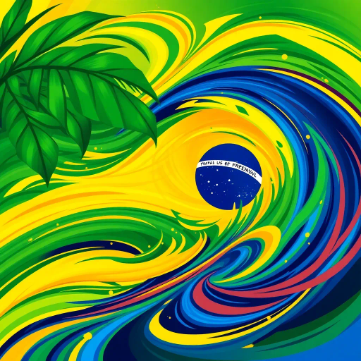 vibrant colors, swirling movement, tropical allure, Brazilian flag, geometric precision, cultural celebration, Carnival inspiration, abstract shapes, bold contrast, energetic flow, Rio de Janeiro, lush greens, radiant yellows, deep blues, chromatic harmony, festive spirit, national pride, rhythmic patterns, dynamic composition, joyful exuberance, modern interpretation