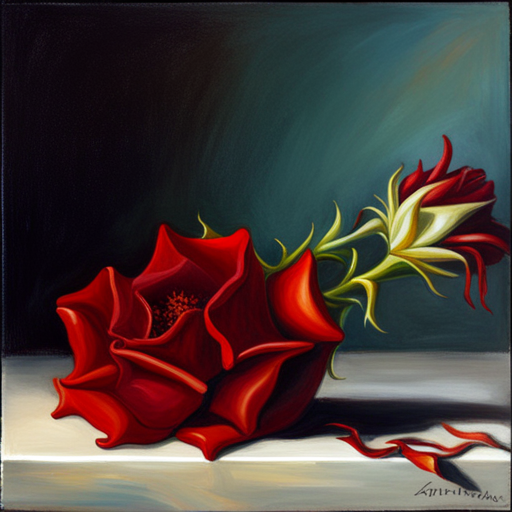 romanticism, still-life, oil painting, impressionism, art nouveau, warm lighting, chiaroscuro, contrast, emotional symbolism, delicate, thorns, red, life cycle, fragility, beauty, nature