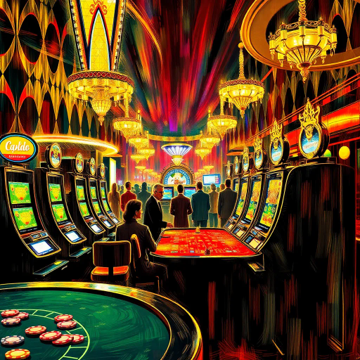 casino game, hyper-realistic, dazzling lights, glimmering slot machines, chips, vibrant colors, Monet's brushstrokes, chiaroscuro lighting, dynamic composition, luxurious velvet textures, mid-century modern influences, playful atmosphere, immersive realism, reflective surfaces, high contrast, bustling crowd, emotional tension, opulent golds, strategic elements, kaleidoscope of shapes, intricate details, perspective shift, artistic metamorphosis, art deco inspiration, cinematic framing, surreal movement, cultural fusion, thematic exploration, conceptual depth