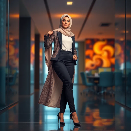 elegant Arab woman, contemporary fashion, hijab, professional attire, modern workplace, high heels, Middle Eastern influence, vibrant colors, soft ambient lighting, dynamic posing, cultural expression, delicate textiles, confident and empowering presence, sophisticated grace, diverse cultural representation, fusion of modern and traditional elements, cultural fusion, empowerment and poise, Impressionism influences, Gustav Klimt inspiration, Art Nouveau elegance, intricate patterns, intricate detailing, vibrant color palette, symbolic attire, office environment, balance and harmony, dynamic composition, surreal lighting, cultural narrative, refined textures, bold symbolism, artistic influences, multicultural dialogue, striking balance, expressive realism, innovative representation, unique fashion, delicate balance, harmonious color palette