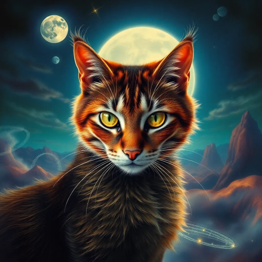 graceful feline, intricate fur texture, mesmerizing green eyes, Albrecht Dürer influence, chiaroscuro lighting, vibrant color palette, dynamic pose, ethereal aura, surrealistic elements, art nouveau curves, soft pastels, whimsical charm, mystique and curiosity, Victorian elegance, organic forms, fluid movement, delicate brushwork, detailed anatomy, harmonious balance, serene mood, mystical symbolism, opulent setting