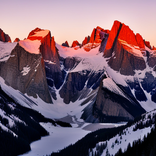 majestic peaks, snow-capped, towering heights, rugged terrain, misty valleys, alpenglow, golden hour, natural beauty, wilderness, serene landscape, panoramic view, expansive vistas, textured rocks, atmospheric perspective, distant peaks, grandeur, vastness, sublime, awe-inspiring, magnificence, awe, wonder