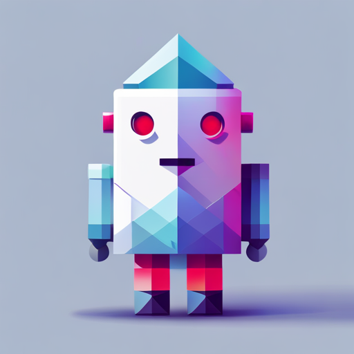 Front-facing, cute, robotic character with tiny geometric shapes forming its design. High contrast lighting enhances the digital-art aesthetic while the white background provides a clean and visually striking composition that emphasizes the low-poly style. The geometric shapes not only provide texture and interest, but also tie in with the robotic subject matter and play with scale in a way that evokes a sense of whimsy and playfulness.