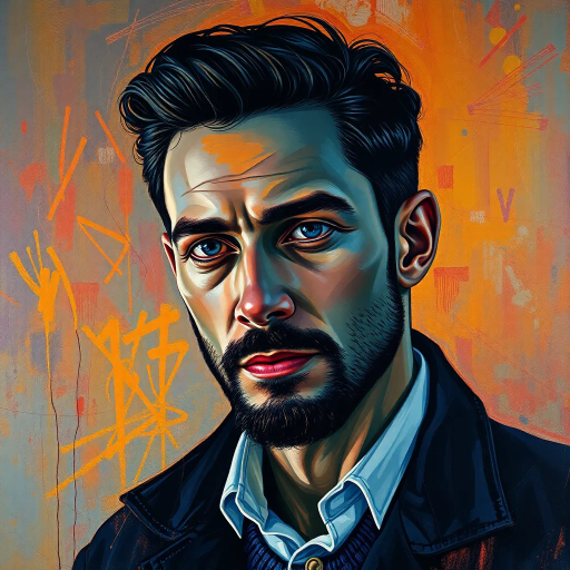 portrait of a man, expressionism, vibrant color palette, chiaroscuro lighting, Van Gogh influence, modern attire, abstract background, intricate textures, mixed media, introspective mood, dynamic composition, cultural diversity, medium close-up, mysterious atmosphere, fluid movement, emotional depth, soft brushstrokes, contemporary style, surreal elements, human emotion, symbolic representation, artistic depth