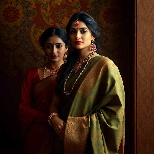 elegant women, traditional attire, saree, refined beauty, luxurious fabrics, intricate patterns, vibrant colors, Indian culture, classic elegance, sophisticated mood, graceful movement, artistic photography, soft lighting, cultural richness, detailed embroidery, timeless fashion, portrait composition, artistic realism, romantic ambiance, feminine grace, Ritu Kumar influence, intricate textures, regal presence, contemporary elegance, traditional influences
