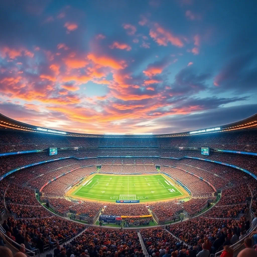 majestic, football stadium, panoramic view, vibrant energy, modern architecture, vast crowd, immersive atmosphere, dynamic lighting, vivid colors, iconic sports venue, dramatic sky, high-detailed textures, lively movement, cultural spectacle, wide-angle perspective, epic scale, contemporary design, exhilarating moment, sporting tradition, architectural grandeur