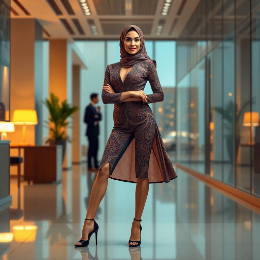 elegant Arab woman, contemporary fashion, hijab, professional attire, modern workplace, high heels, Middle Eastern influence, vibrant colors, soft ambient lighting, dynamic posing, cultural expression, delicate textiles, confident and empowering presence, sophisticated grace, diverse cultural representation, fusion of modern and traditional elements, cultural fusion, empowerment and poise, Impressionism influences, Gustav Klimt inspiration, Art Nouveau elegance, intricate patterns, intricate detailing, vibrant color palette, symbolic attire, office environment, balance and harmony, dynamic composition, surreal lighting, cultural narrative, refined textures, bold symbolism, artistic influences, multicultural dialogue, striking balance, expressive realism, innovative representation, unique fashion, delicate balance, harmonious color palette