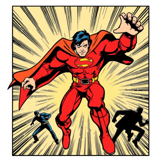 dynamic superhero, comic panels, bold lines, dramatic shadows, vibrant colors, 1960s retro, pop art influences, exaggerated expressions, movement lines, classic heroes, action-packed, larger-than-life, hero's journey, adventurous spirit, epic scale, iconic poses, graphic novel, vintage comic aesthetics, sequential storytelling, humorous undertones