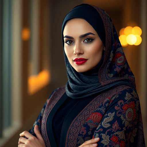 elegant Arab woman, sophisticated hijab, modern workplace, professional attire, high heels, Middle Eastern influence, contemporary art, intricate patterns, vibrant colors, soft lighting, dynamic pose, Impressionism influences, delicate fabrics, confident and empowering presence, cultural expression, diverse representation, cultural fusion, modernism, grace and poise, harmony, balance, cultural narrative, advanced digital techniques, refined textures, bold symbolism, inspired by Gustav Klimt, Art Nouveau elegance, surreal lighting, empowered femininity, rich textures, fluid movement, intricate details, cultural symbolism, confident aura, dynamic composition