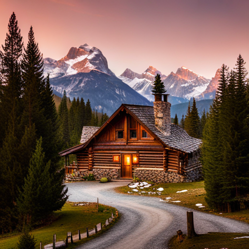 snow-covered mountain, cozy cabin, winter landscape, glowing fireplace, starry sky, snowy trees, soft lighting, rustic wood decor, mountain range, retreat, tranquility