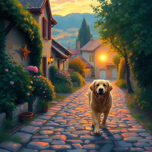 golden retriever, strolling peacefully, along a cobblestone path, Claude Monet influences, ethereal lighting, vibrant hues, rich textures, dynamic movement, pastoral scenery, Impressionist brushstrokes, warm sunset glow, emotional serenity, playful elegance, lush greenery, narrative composition, naturalistic detail, charming village, Timeless elegance, Edward Hopper's narrative style, vivid storytelling