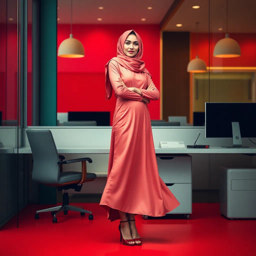 elegant Arab woman, sophisticated hijab, modern workplace, professional attire, high heels, Middle Eastern influence, contemporary art, intricate patterns, vibrant colors, soft lighting, dynamic pose, Impressionism influences, delicate fabrics, confident and empowering presence, cultural expression, diverse representation, cultural fusion, modernism, grace and poise, harmony, balance, cultural narrative, advanced digital techniques, refined textures, bold symbolism, inspired by Gustav Klimt, Art Nouveau elegance, surreal lighting, empowered femininity, rich textures, fluid movement, intricate details, cultural symbolism, confident aura, dynamic composition