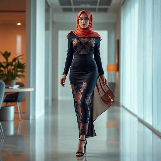elegant Arab woman, contemporary fashion, hijab, professional attire, modern workplace, high heels, Middle Eastern influence, vibrant colors, soft ambient lighting, dynamic posing, cultural expression, delicate textiles, confident and empowering presence, sophisticated grace, diverse cultural representation, fusion of modern and traditional elements, cultural fusion, empowerment and poise, Impressionism influences, Gustav Klimt inspiration, Art Nouveau elegance, intricate patterns, intricate detailing, vibrant color palette, symbolic attire, office environment, balance and harmony, dynamic composition, surreal lighting, cultural narrative, refined textures, bold symbolism, artistic influences, multicultural dialogue, striking balance, expressive realism, innovative representation, unique fashion, delicate balance, harmonious color palette