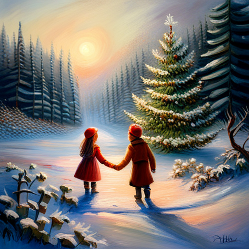 Winter, Children, Christmas Tree, Painting, Oil, Vintage, 19th century, Impressionism, Soft lighting, Snow, Joyful, Colorful, Texture, Brushstrokes, Classic, Traditional, Nostalgia, Winter wonderland, Family, Festive, Cozy, Charming, Delicate, Atmosphere, Harmony, Rich colors, Timeless, Serene, Peaceful, Realistic, Romantic, Storytelling, Ethereal, Holiday season, Cold weather, Innocence, Warmth, Sparkling lights, Curved branches, Magical, Dreamlike, Traditional medium, Captivating, Sentimental, Vintage ornaments, Snowflakes, Gleaming, Imaginative, Tranquil, Sparkling, Festive atmosphere, Elegance, Anticipation, Celebratory, Rustic, Fluffy snow, Whimsical, Enchanting, Winter landscapes, Pastel hues, Shimmering, Delightful, Fine details, Delicate strokes, Captivating scene