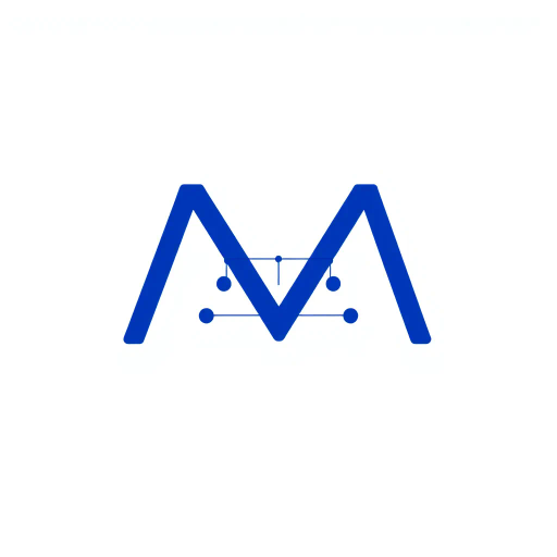 abstract letter M logo, parent node, child nodes, thin branching lines, tree hierarchy, indigo gradient, minimal vector design, white background, geometric abstraction, modernist influence, Bauhaus, clean lines, connection symbolism, hierarchical structure, conceptual design, negative space, visual balance, contemporary aesthetics