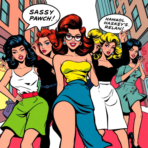 sassy ladies, vibrant colors, dynamic poses, 1960s pop art, bold outlines, Roy Lichtenstein influence, expressive facial expressions, humorous undertones, lively movement, exaggerated features, retro fashion, playful attitude, urban setting, strong female characters, iconic fashion, graphic design, speech bubbles, stylized backgrounds, mid-century modern, dynamic composition, energetic vibe, cultural commentary