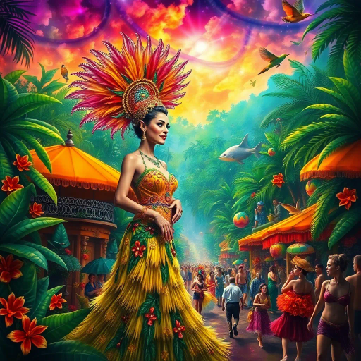 vibrant carnival, amazon jungle, lush greenery, rich cultural tapestry, Carmen Miranda, surrealism, tropical hues, dynamic movement, rhythmic energy, expressive colors, intricate patterns, lively street scenes, samba dancers, exotic wildlife, atmospheric perspective, detailed textures, magical realism, cultural diversity, spirited festivities, radiant sunlight, complex compositions, whimsical elements, bold palettes, mystical atmosphere, fantastical landscapes, tropical flora and fauna