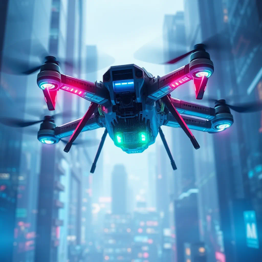 futuristic drone, dynamic angles, sleek design, neon lights, cyberpunk aesthetic, intricate circuitry, high-tech machinery, electric blue, neon green, atmospheric glow, detailed textures, technological marvel, advanced robotics, hovering in motion, urban skyline backdrop, digital era influence, ambient lighting, science fiction, speed and agility, engineering brilliance, visionary design, cutting-edge innovation, cityscape reflections, tech-inspired composition, dystopian future, luminescent highlights, retro-futurism, energetic movement, visual storytelling, asymmetrical balance, immersive experience, H.R. Giger influence, microchip patterns, ultraviolet illumination, digital noir, cultivated textures, sharp contrast, hyper-detailed rendering, futuristic architecture, visual poetry, kinetic energy