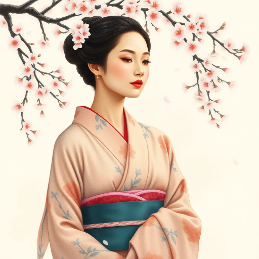 elegant Japanese woman, serene expression, traditional kimono, vibrant cherry blossoms, Hokusai-inspired waves, Edo period influence, intricate patterns, soft pastel colors, gentle brushstrokes, ukiyo-e style, atmospheric lighting, harmonious composition, cultural symbolism, tranquil mood, detailed fabric texture, natural elegance, cultural heritage, poised posture, soft focus background, immersive scene, refined color palette