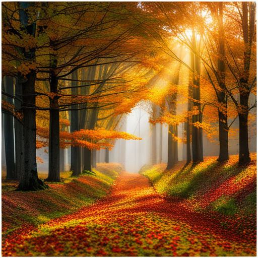 fall foliage, golden hues, crisp air, harvest season, warm colors, melancholy, russet leaves, cozy sweaters, pumpkin spice, bonfires, misty mornings, nostalgic, woodland creatures, apple picking, changing landscapes, foggy atmosphere