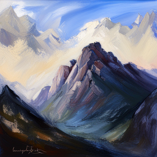 majestic peaks, rugged terrain, atmospheric perspective, muted colors, Impressionism, Hudson River School, light and shadow, texture, acrylic paint, naturalism, serenity, grandeur, scale, plein air, rocky outcroppings, dramatic sky, asymmetry, depth, soft brushstrokes, tranquility, pixel art, atmospheric lighting