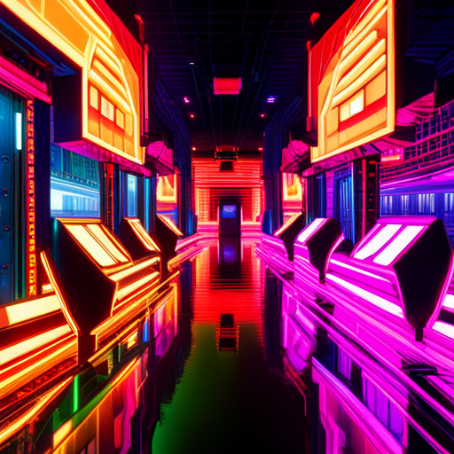 cyberpunk, sci-fi, neon lights, arcade machines, sparks, generative graphics, retro futurism