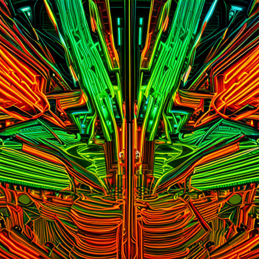 futuristic, artificial intelligence, data visualization, neon colors, generative art, complex patterns, glitch art, cyberpunk, machine learning, wires and circuits, abstract expressionism