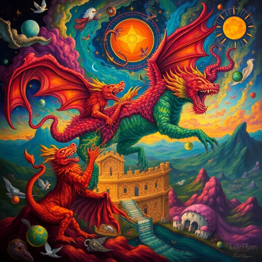 surrealism, imaginative, vibrant colors, dynamic forms, mythical creatures, expansive landscapes, intricate patterns, storytelling, cultural mythologies, dreamlike sequences, dramatic lighting, flowing movement, symbolic elements, visionary art, ethereal atmosphere, poetic expressions, magical realism, mythical narratives, legendary figures, allegorical themes
