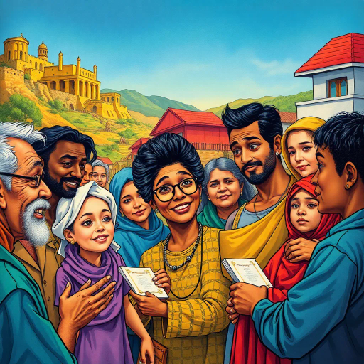 diverse society, cultural tapestry, inclusivity, Norman Rockwell, pop art, vibrant colors, dynamic storytelling, community interactions, human connections, exaggerated expressions, educational themes, social awareness, narrative depth, illustrative style, detailed line work, symbolic representation, diverse landscapes, time progression, socio-political commentary, engaging atmosphere, visual dialogue, layered storytelling, rich textures, thought-provoking, contemporary relevance, historical references, ancient to modern, vibrant hues, narrative complexity, complex characters, emotional depth, interconnected narratives