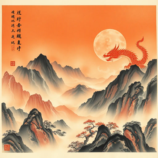 ethereal, ancient Chinese mythology, vibrant dragon scales, misty mountains, traditional ink wash, luminous lanterns, serene pagodas, delicate cherry blossoms, peaceful harmony, guardian spirits, flowing robes, folklore magic, jade hues, celestial beings, mesmerizing aura, celestial harmony, intricate symbolism, legendary heroes, mythical landscapes, harmonious balance