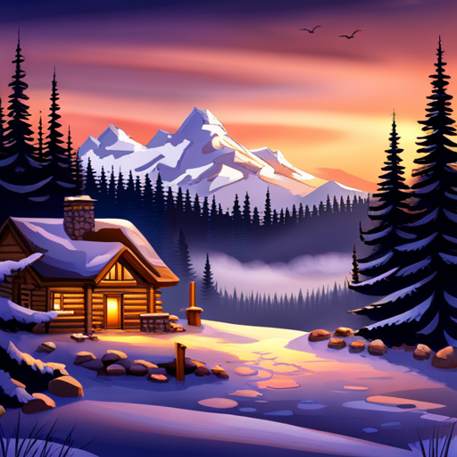 mountain landscape, cozy cabin, winter retreat, snowy peaks, rustic charm, natural beauty, peaceful solitude, warm hearth, wooden beams, crackling fireplace, snow-covered trees, panoramic view, distant horizon, tranquil atmosphere