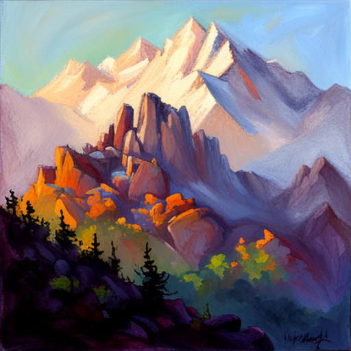 majestic peaks, rugged terrain, atmospheric perspective, Impressionism, Hudson River School, light and shadow, texture, acrylic paint, naturalism, grandeur, plein air, rocky outcroppings, dramatic sky, asymmetry, depth, soft brushstrokes, tranquility, pixel art, atmospheric lighting