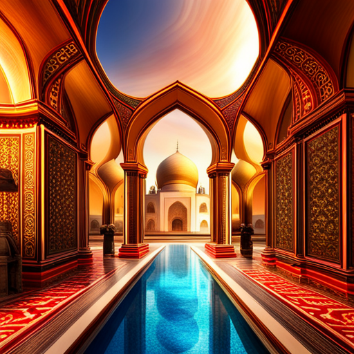 Two mosques, with a digital clock attached to each mosque, isometric view, architectural design, geometric shapes, Islamic architecture, minarets, domes, symmetry, arabesque patterns, calligraphy, marble flooring, arches, prayer halls, courtyard, spires, Islamic art, religious symbols, spiritual ambiance, golden accents, intricate details