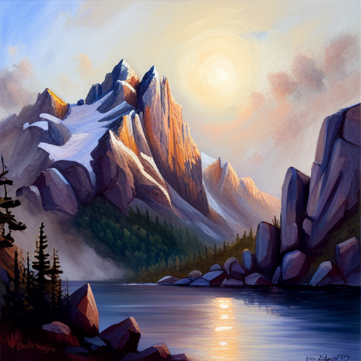 majestic peaks, rugged terrain, atmospheric perspective, muted colors, Impressionism, Hudson River School, light and shadow, texture, acrylic paint, naturalism, serenity, grandeur, scale, plein air, rocky outcroppings, dramatic sky, asymmetry, depth, soft brushstrokes, tranquility