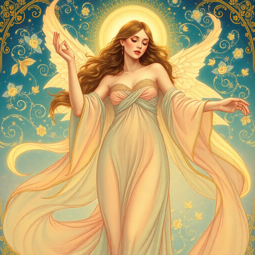 ethereal elegance, dynamic pose, serene expression, Art Nouveau, Alphonse Mucha, vibrant pastels, flowing robes, ethereal glow, golden highlights, intricate patterns, whimsical atmosphere, soft edges, heavenly, art deco influences, Van Gogh swirls, delicate floral motifs, mystical aura, Celestial backdrop, harmonious blend, dreamlike reverie, serene beauty, divine femininity