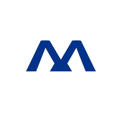 minimal M logo, perspective convergence, depth, hierarchy, solid indigo blue, geometric, modern tech design, flat vector, white background, Bauhaus influences, clean lines, symmetry, contemporary aesthetics, spatial innovation, futurism, precision, abstraction, innovative branding, structural elegance