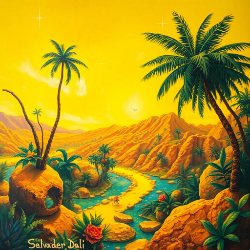 surreal bananas, vivid colors, Salvador Dali influence, dreamlike atmosphere, whimsical shapes, intricate details, organic textures, glowing highlights, ethereal lighting, imaginative arrangement, vibrant yellows and greens, playful mood, flowing curves, artistic symbolism, fantastical nature, otherworldly scene, dynamic perspective, fluid lines, imaginative presentation