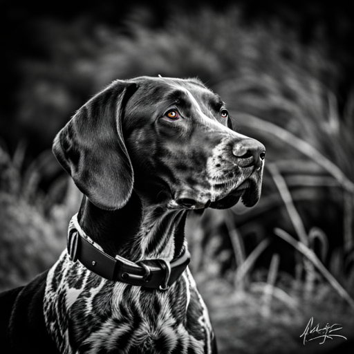 German shorthair pointer, hunting dogs, animal portrait, monochrome, high contrast, dark background, intense gaze, rugged texture, black and white photography, natural lighting, hunting instinct, powerful stance, majestic posture, pedigree breeds, outdoor photography, dog training photographic