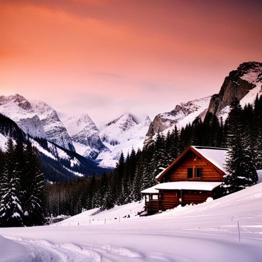 snow-covered mountain, cozy cabin, winter landscape, glowing fireplace, starry sky, snowy trees, soft lighting, rustic wood decor, mountain range, retreat, tranquility