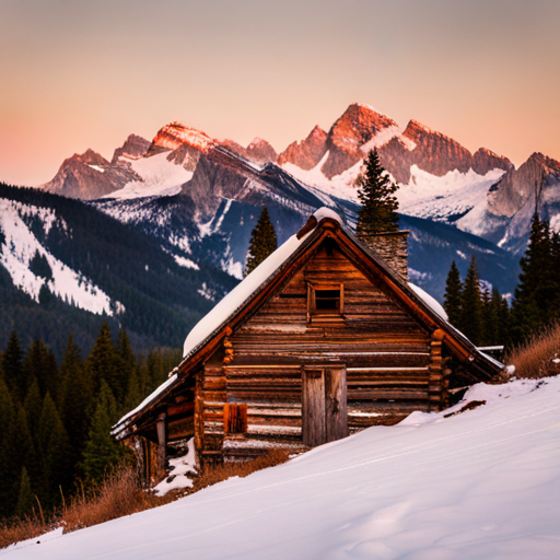 snow-covered mountain, cozy cabin, winter landscape, glowing fireplace, starry sky, snowy trees, soft lighting, rustic wood decor, mountain range, retreat, tranquility