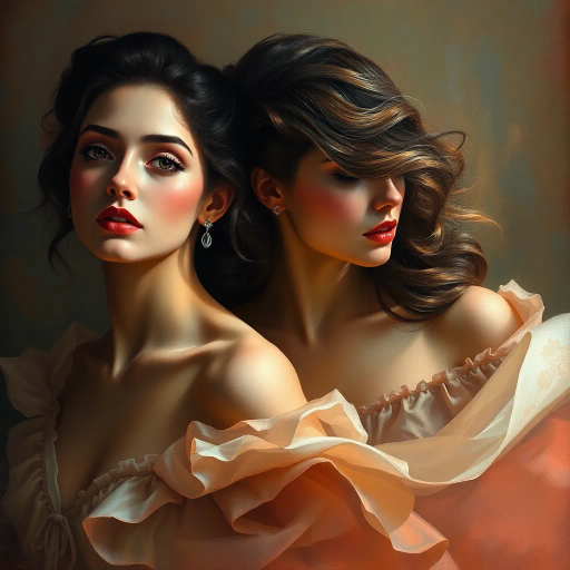 elegant femmes, graceful posture, intricate fashion, ethereal beauty, soft lighting, romantic era, impressionistic brushstrokes, pastel hues, delicate textures, feminine elegance, serene expressions, renaissance influences, flowing fabrics, atmospheric composition, refined aesthetics, timeless allure, enchanting aura, subtle movement, classical themes, Claude Monet, Edgar Degas, Raphael, chiaroscuro, delicate pastels, harmonious balance, historical richness, fine detail, luminous glow, cultural grace, narrative depth, portraiture, emotive grace, evocative ambiance