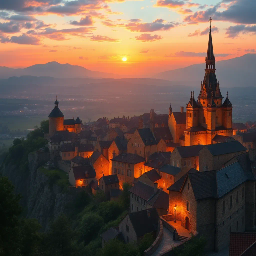 medieval cityscape, glowing twilight, perched on hilltop, vibrant colors, Claude Lorrain influence, golden hour lighting, ethereal atmosphere, lush landscapes, towering spires, intricate architecture, cobblestone streets, panoramic views, sweeping vistas, rich texture, romanticism, detailed engravings, enchanting aura, timeless beauty, serene ambiance, historical roots, narrative storytelling, mystical realm, elevated perspective, imaginative vision, dreamlike setting, magical realism, atmospheric haze, visual poetry, harmonious balance, artistic expression, visionary landscape, fantasy essence, enchanting visuals, Claude Monet inspiration, Baroque influence, tapestry of color, luminous glow, enchanting spell, whimsical charm, historical narrative, romantic era, pastel hues, soft shadows