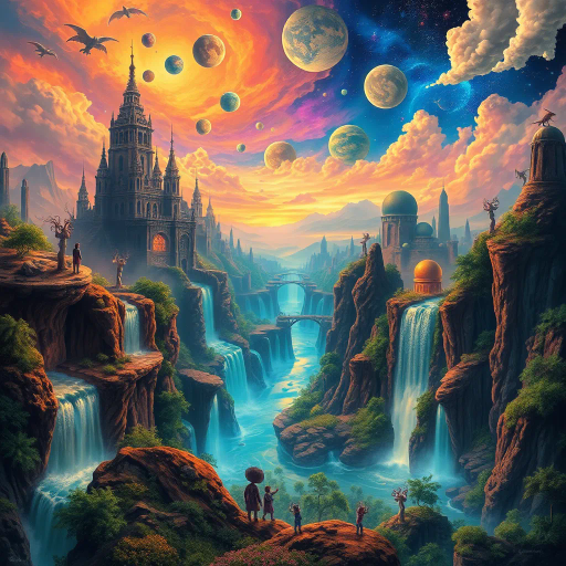 surreal landscape, futuristic cityscape, ethereal glow, vibrant color palette, Salvador Dalí influence, dream-like imagery, intricate details, cascading waterfalls, luminous skies, mythical creatures, otherworldly architecture, dynamic movement, cosmic energy, enchanting forest, mystical ambiance, juxtaposition of elements, imaginative realms, whimsy and wonder, sweeping vistas, fluid forms, elaborate patterns, celestial bodies, vibrant contrast, expansive spaces, psychedelic inspiration, fantastical worlds, ethereal atmospheres, radiant symmetry, vibrant surrealism, enchanting narratives, cosmic perspectives, luminous textures, imaginative storytelling, interstellar gardens, transcendent realms, dreamscapes, whimsical dimensions