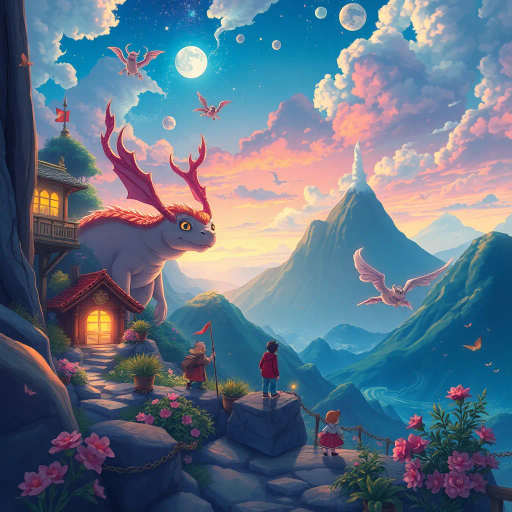 vibrant colors, dynamic composition, Studio Ghibli inspiration, detailed environments, expressive character designs, emotional depth, fantastical themes, cultural motifs, fluid motion, nostalgic atmosphere, distinctive line art, otherworldly settings, intricate detailing, magical realism, retro-futuristic elements, storytelling focus, character-driven narrative, visual storytelling, imaginative landscapes, enchanting creatures