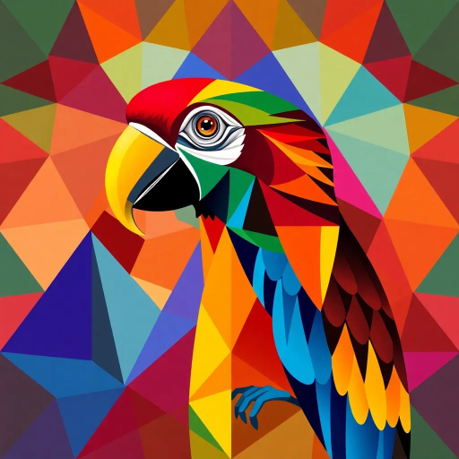 parrot, geometric shapes, vibrant colors, cubism, abstract expressionism, Pablo Picasso, bold lines, kaleidoscope pattern, intricate design, playful composition, dynamic movement, vivid hues, fractal patterns, surrealism, modern art, chromatic harmony, spatial depth, artistic balance, contemporary interpretation, visual intrigue