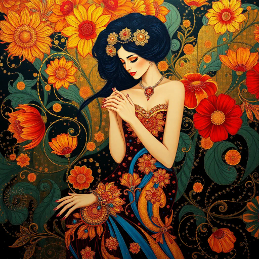 elegant women, ethereal beauty, Gustav Klimt, Art Nouveau, luminous lighting, intricate details, opulent patterns, vivid colors, flowing fabrics, feminine grace, expressive poses, dreamlike scenery, delicate textures, harmonious composition, serene yet powerful, cultural fusion, imaginative interpretation, timeless elegance, artistic allure, vibrant backdrop, atmospheric vitality, fantastical environment, captivating allure, emotional depth, dynamic perspective, visionary portrayal, iconic motifs, luxurious ambiance